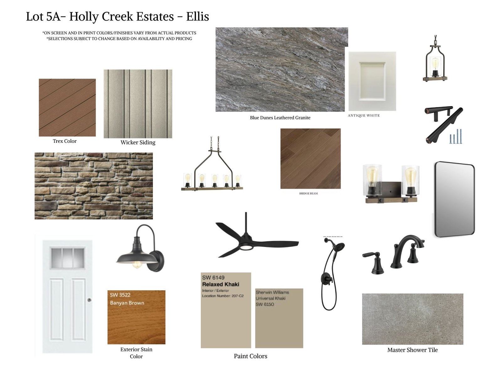 Lot 5A finish selection board — Blue Dunes leathered granite, antique white cabinetry, matte black fixtures, Bridge Beam flooring, stone and wicker siding, paint colors, and lighting
