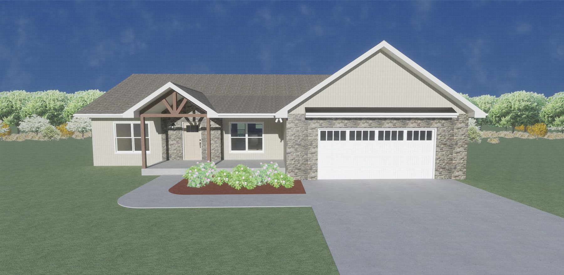 Rendering of Ellis on Lot 5A — craftsman home with timber porch, stone, and board-and-batten siding