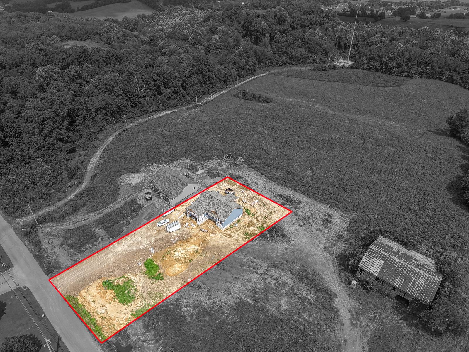 Aerial photo with Lot 5B outlined in red — half-acre homesite at the front of Holly Creek Estates