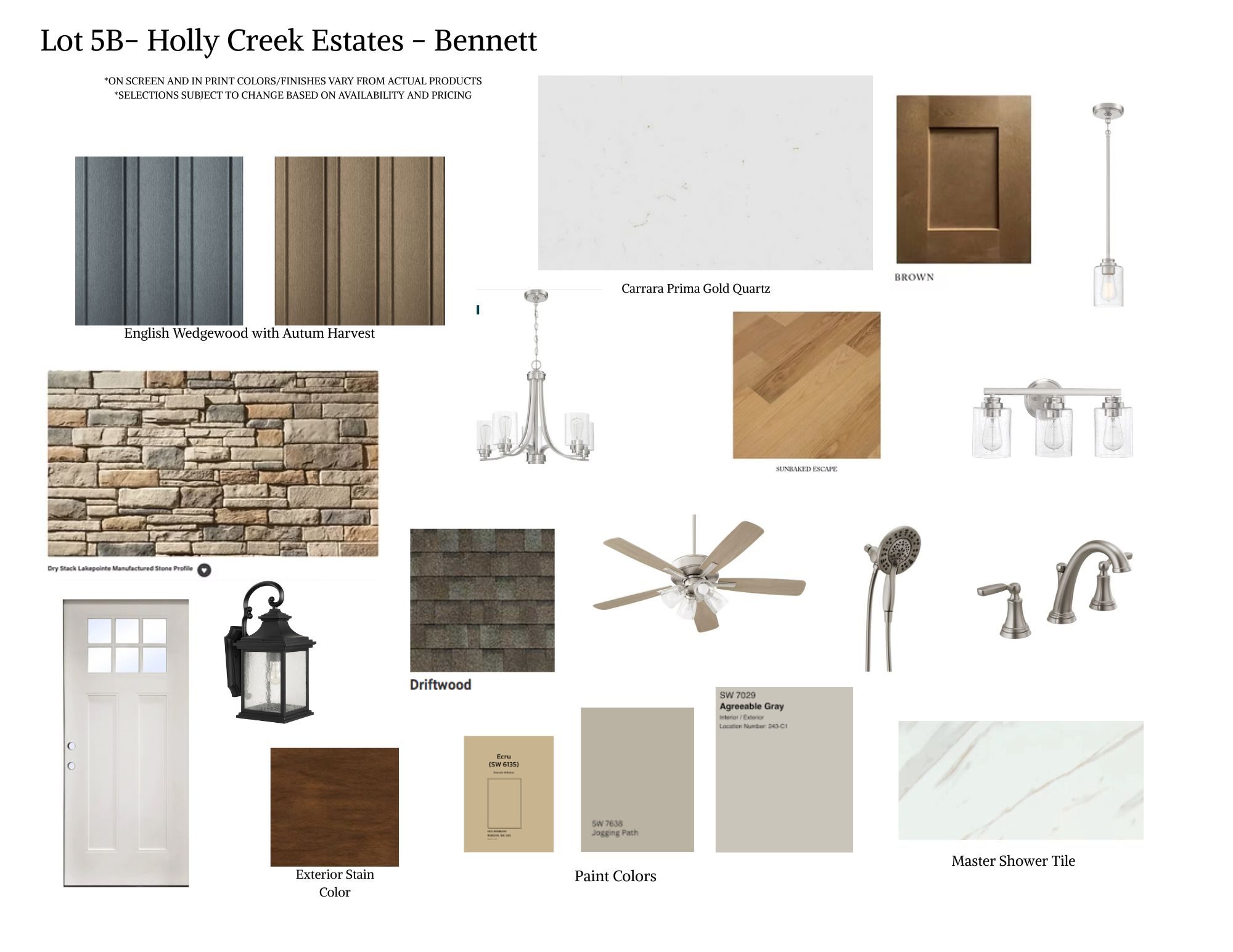 Lot 5B finish selection board — Carrara Prima Gold quartz, brown shaker cabinetry, brushed nickel fixtures, Sunbaked Escape flooring, English Wedgewood siding with stone, paint colors, and lighting