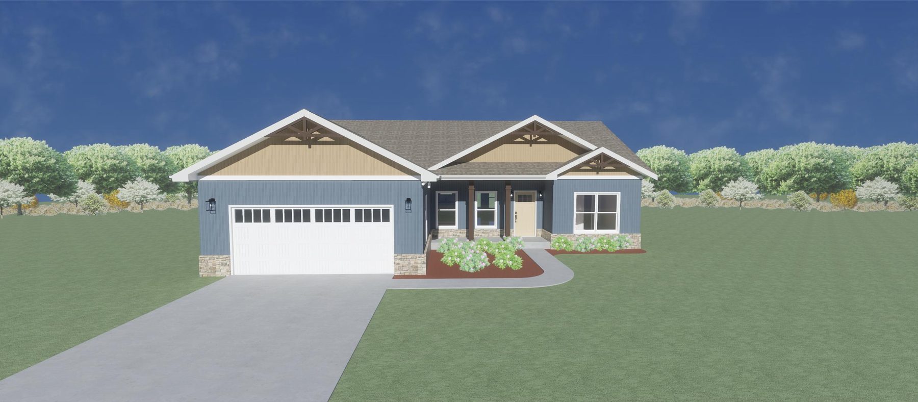 Rendering of Bennett on Lot 5B — craftsman home in English Wedgewood blue with stacked stone and board-and-batten siding