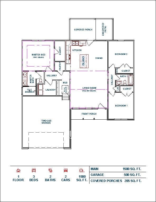 Bennett floor plan — 1,500 square feet, three bedrooms, two baths