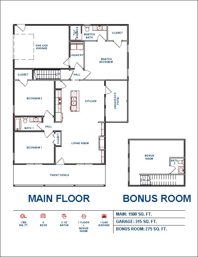 Foster floor plan — 1,500 square feet plus bonus room, three bedrooms, two and a half baths