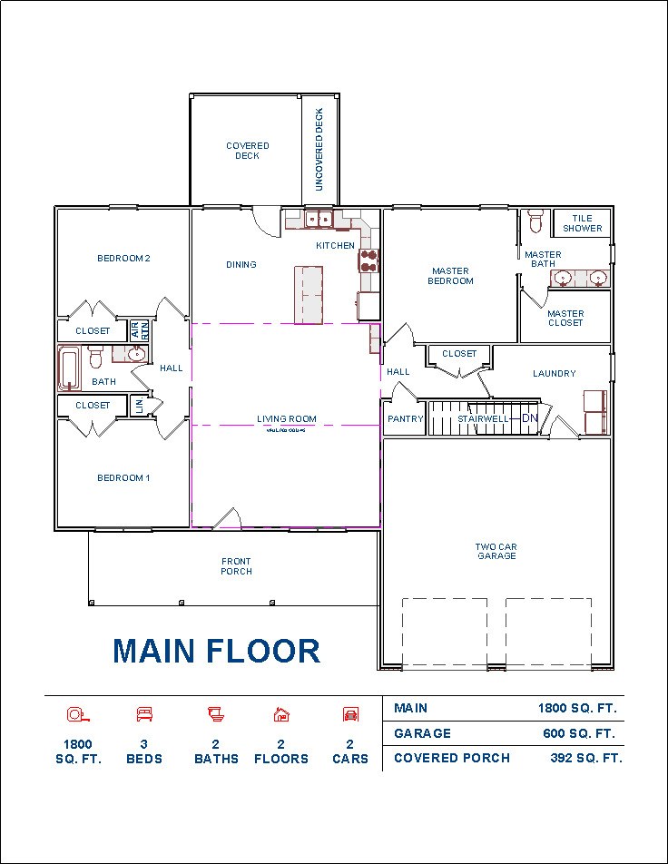 Sutton main floor plan — 1,800 square feet, three bedrooms, two baths, plus full basement
