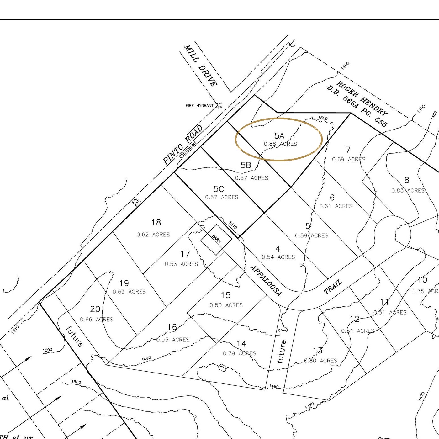 Survey sketch showing Lot 5A, 0.88 acres, at Centennial Drive and Pinto Road